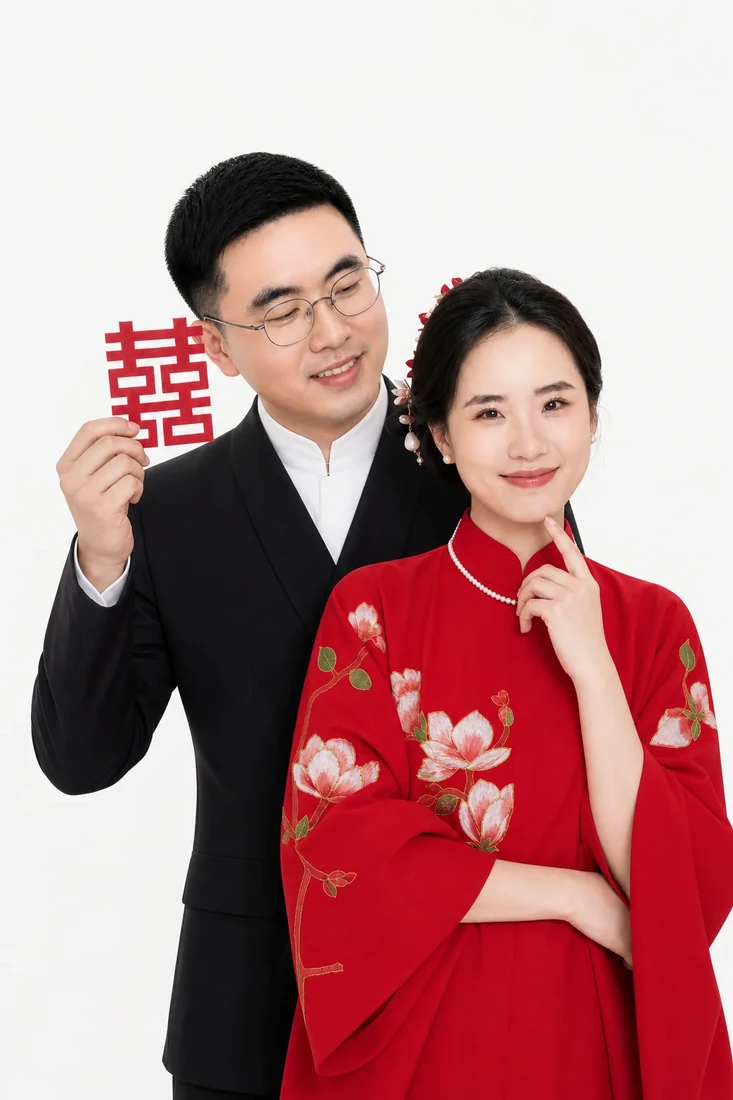 红色中式婚纱照近景