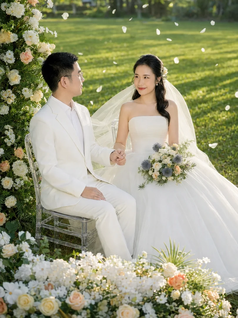 草坪婚纱照近景