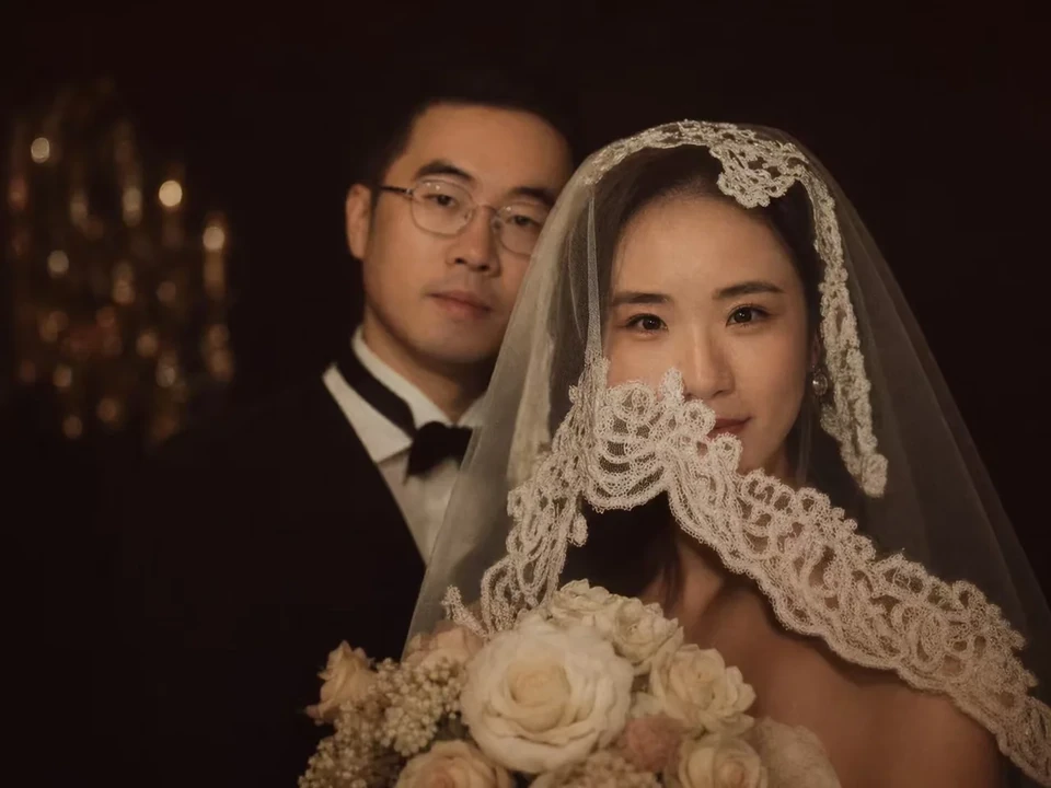 蒙着头纱的婚纱照近景